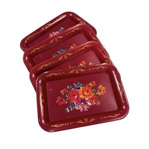 Lot 5 Small vintage metal trays mid-century red floral dessert tea party decor